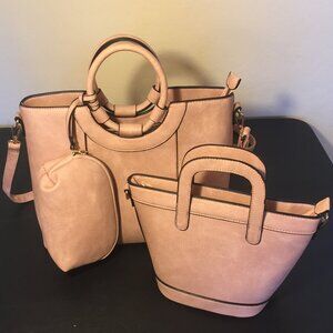 3-Piece Set Large Pink/Mauve Textured Faux Leather Tote with Black Trim and Gold